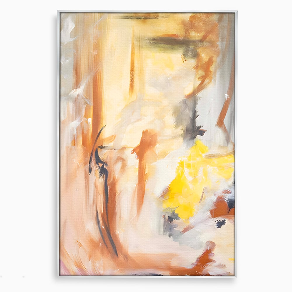 Tablou canvas cu pictura abstracta cu pete aurii si maronii, in rama de aluminiu argintiu